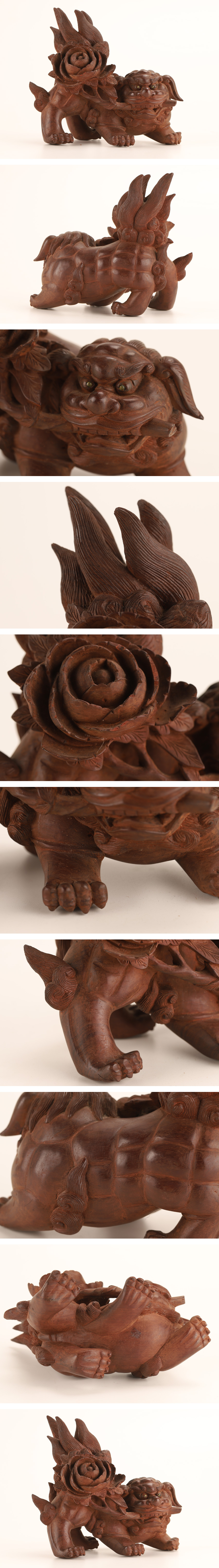 【国産格安】【琴》送料無料 古美術品 木彫 牡丹獅子置物 KF976 木工、竹工芸