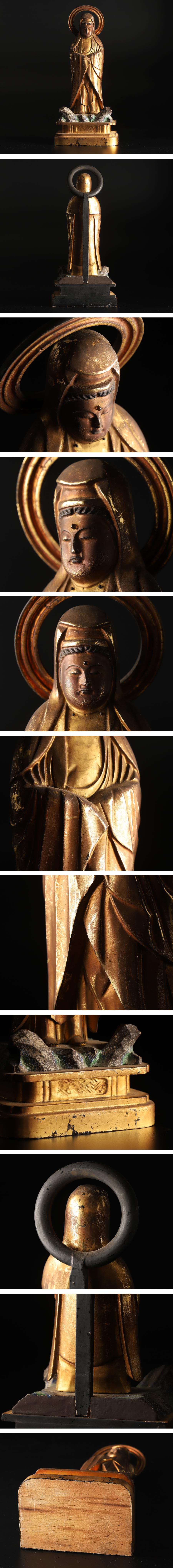 安心売買【琴》送料無料 仏教美術 時代木彫彩色塗金観音像 仏像 立像 KG506 仏像
