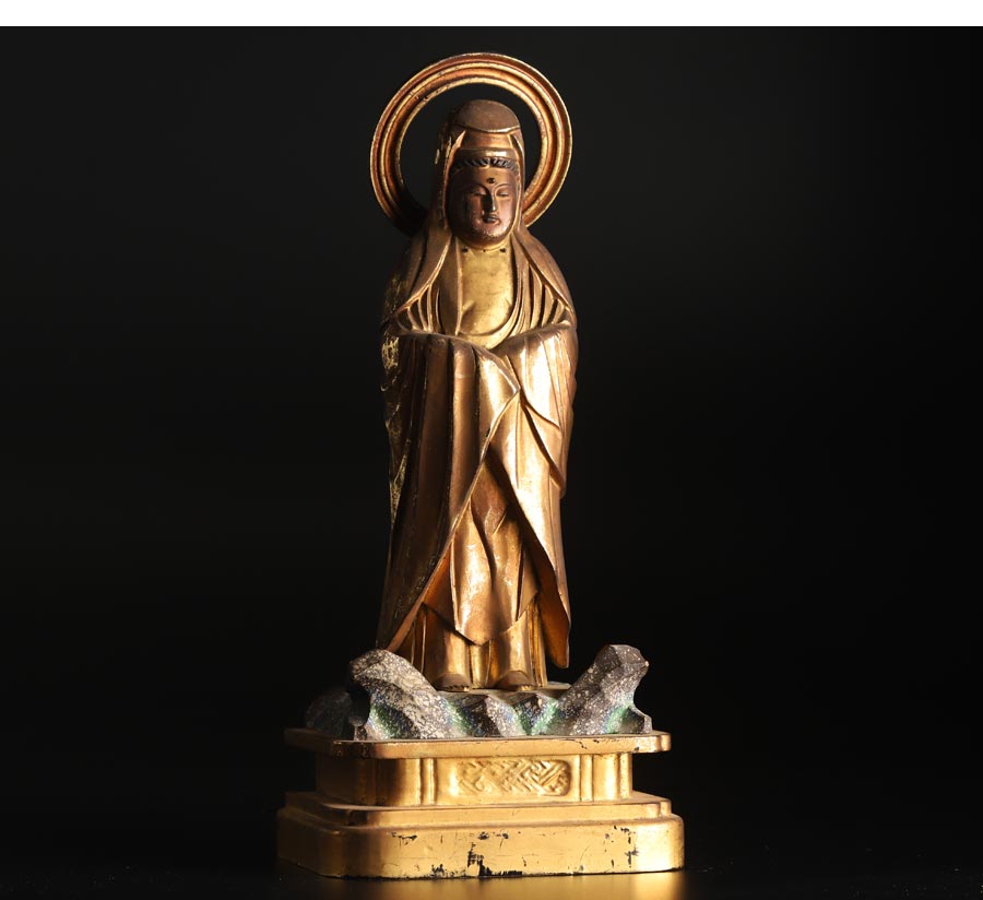 定番大人気【琴》送料無料 仏教美術 時代木彫彩色塗金観音像 仏像 立像 KG506 仏像