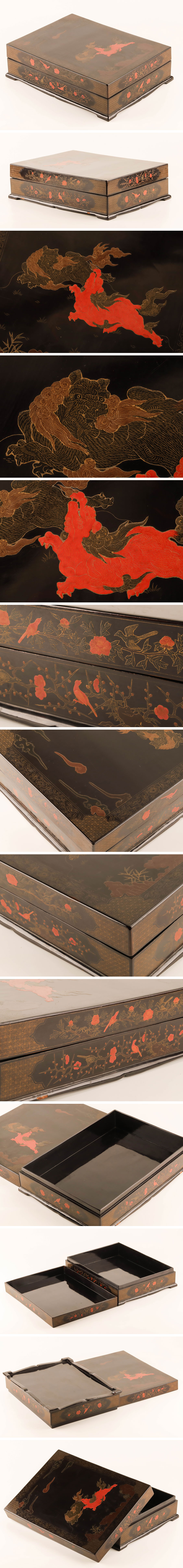 得価限定品【琴》送料無料 中国美術 時代 存星 唐獅子文庫箱 DC474 硯箱、文箱