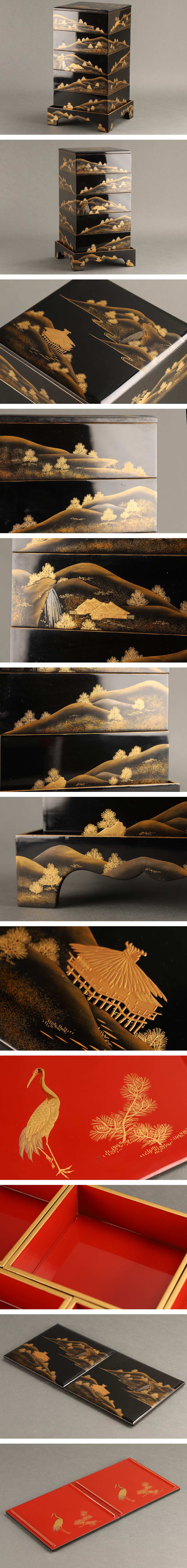 【展示特価】【琴》送料無料 木製漆器 黒塗本金蒔絵 風景画五段重箱 重台付 箱付 DC805 重箱